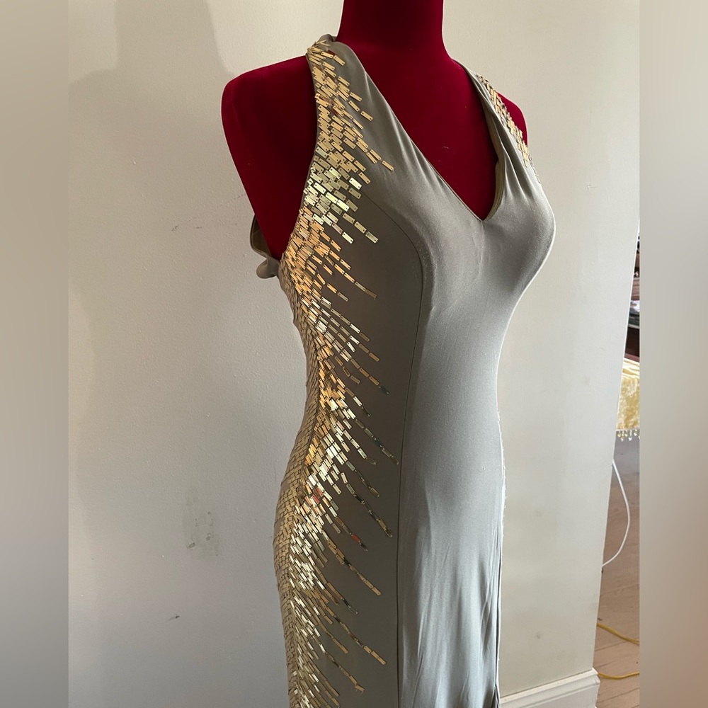 Sexy & stunning sage/army green halter style evening gown w/ gold sequin sides